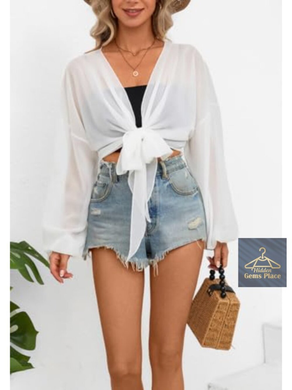 Chiffon Tie Front Crop Kimono Cover Up Long Sleeve Beach Shirt - Picture 2 of 6